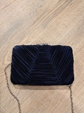 ANTONIO MELANI Navy Pleated Evening Clutch with Chain